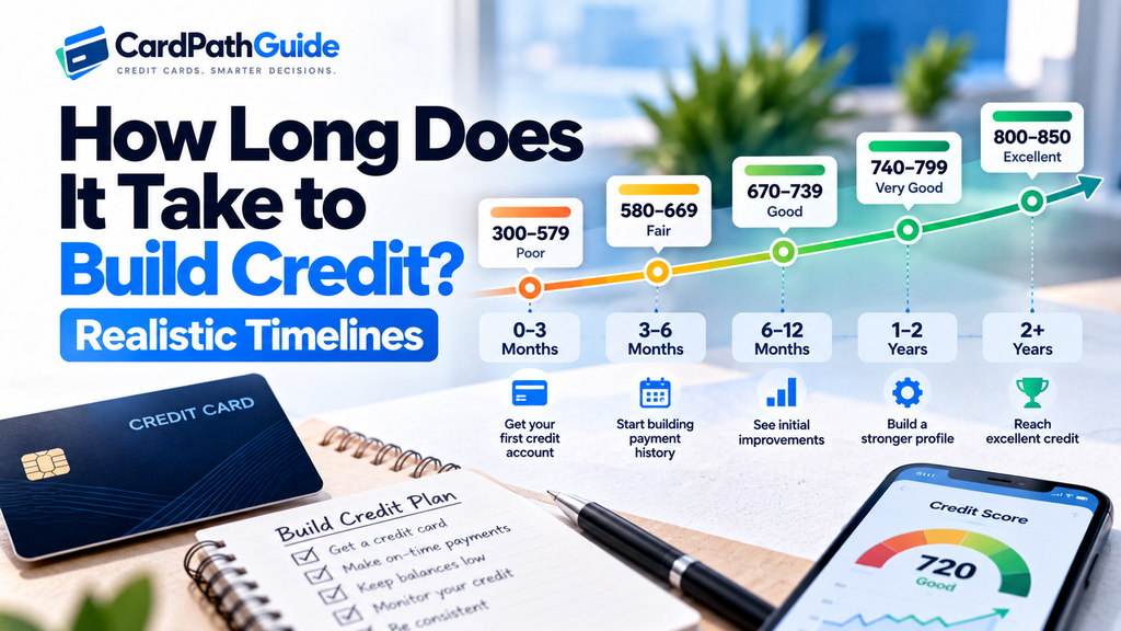 How long it takes to build credit? Infographic showing realistic credit-building timelines from 0–3 months to 2+ years, with credit score ranges from poor to excellent and key milestones for building a stronger credit profile.