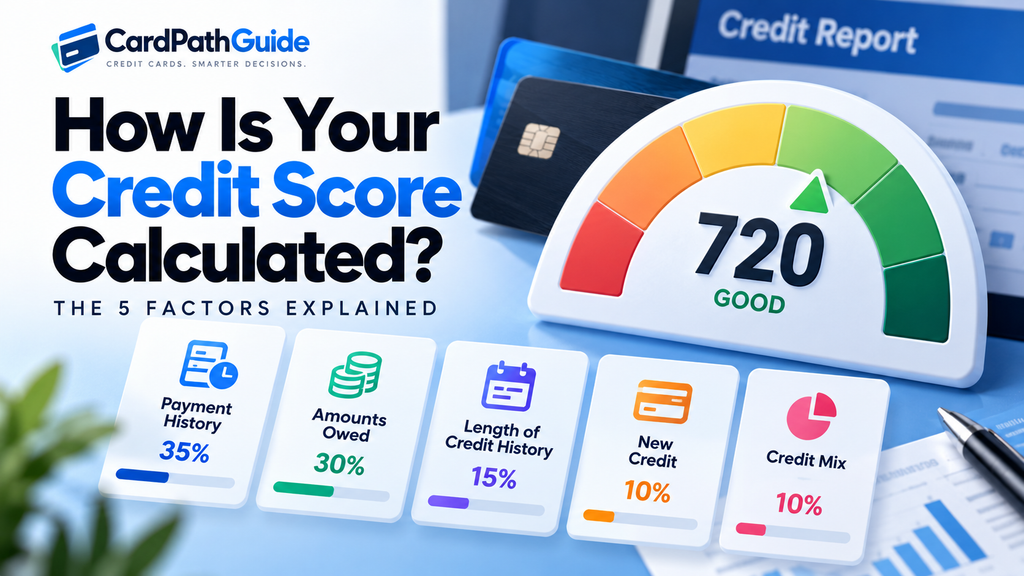 How is your credit score calculated? Infographic explaining the five factors that affect your credit score: payment history, amounts owed, length of credit history, new credit, and credit mix.