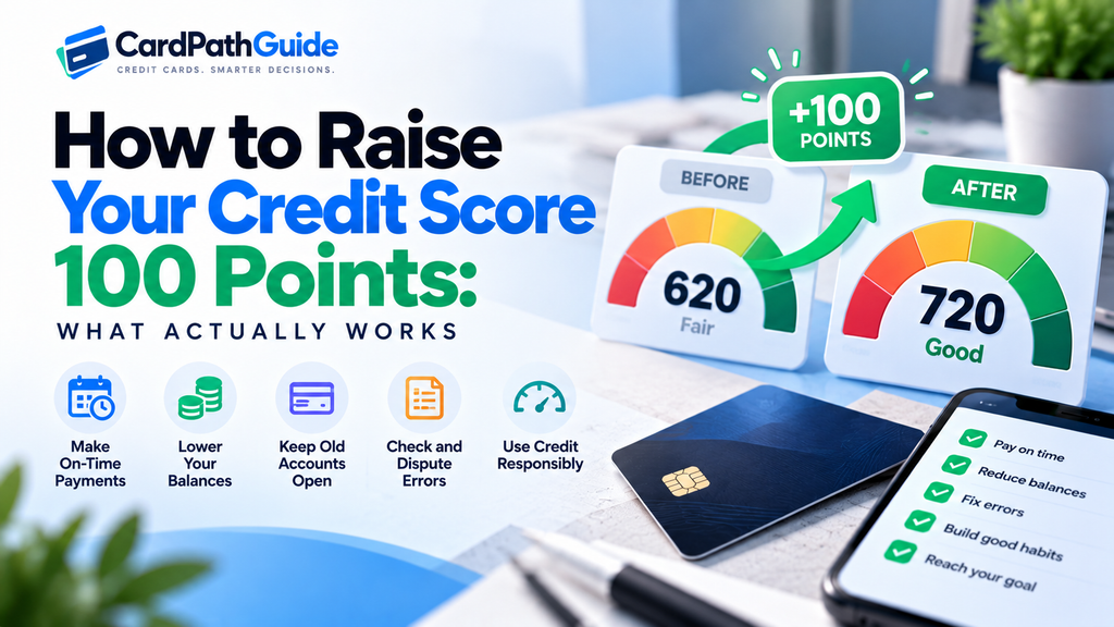 How to raise your credit score 100 points, showing before and after credit scores with strategies including on-time payments, lowering balances, keeping old accounts open, disputing errors, and using credit responsibly.