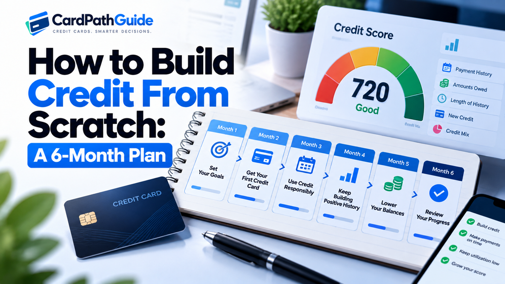 How to build credit from scratch with a 6-month plan showing six steps to establish and improve credit, from getting a first credit card to making payments and lowering balances.
