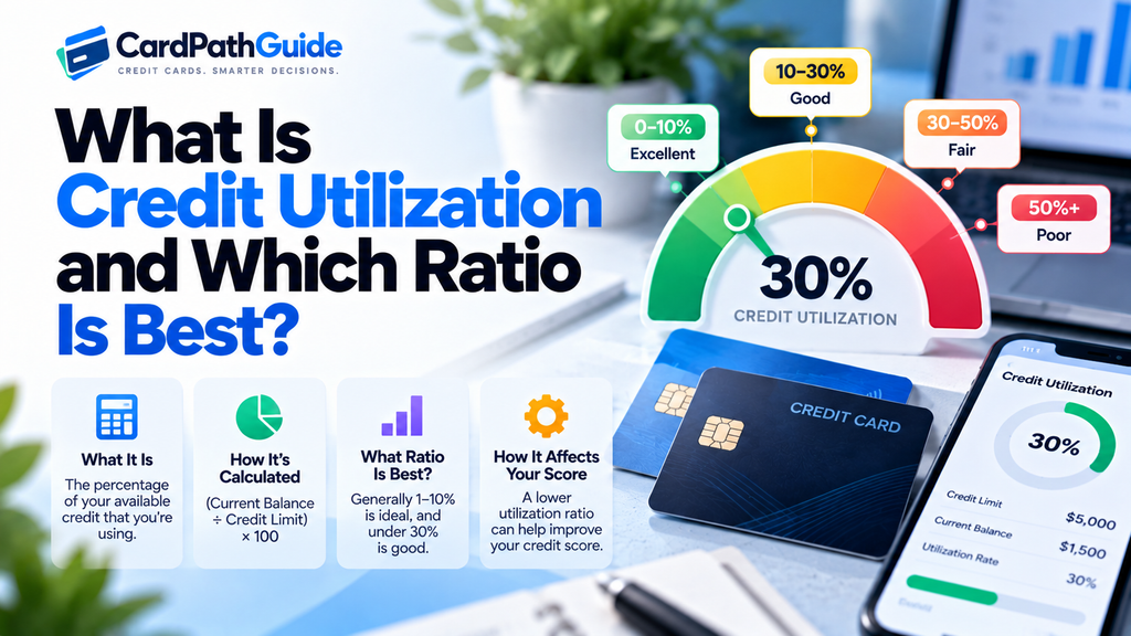 What is credit utilization? Infographic explaining credit utilization ratios, how they are calculated, recommended ratios, and how credit utilization can affect your credit score.